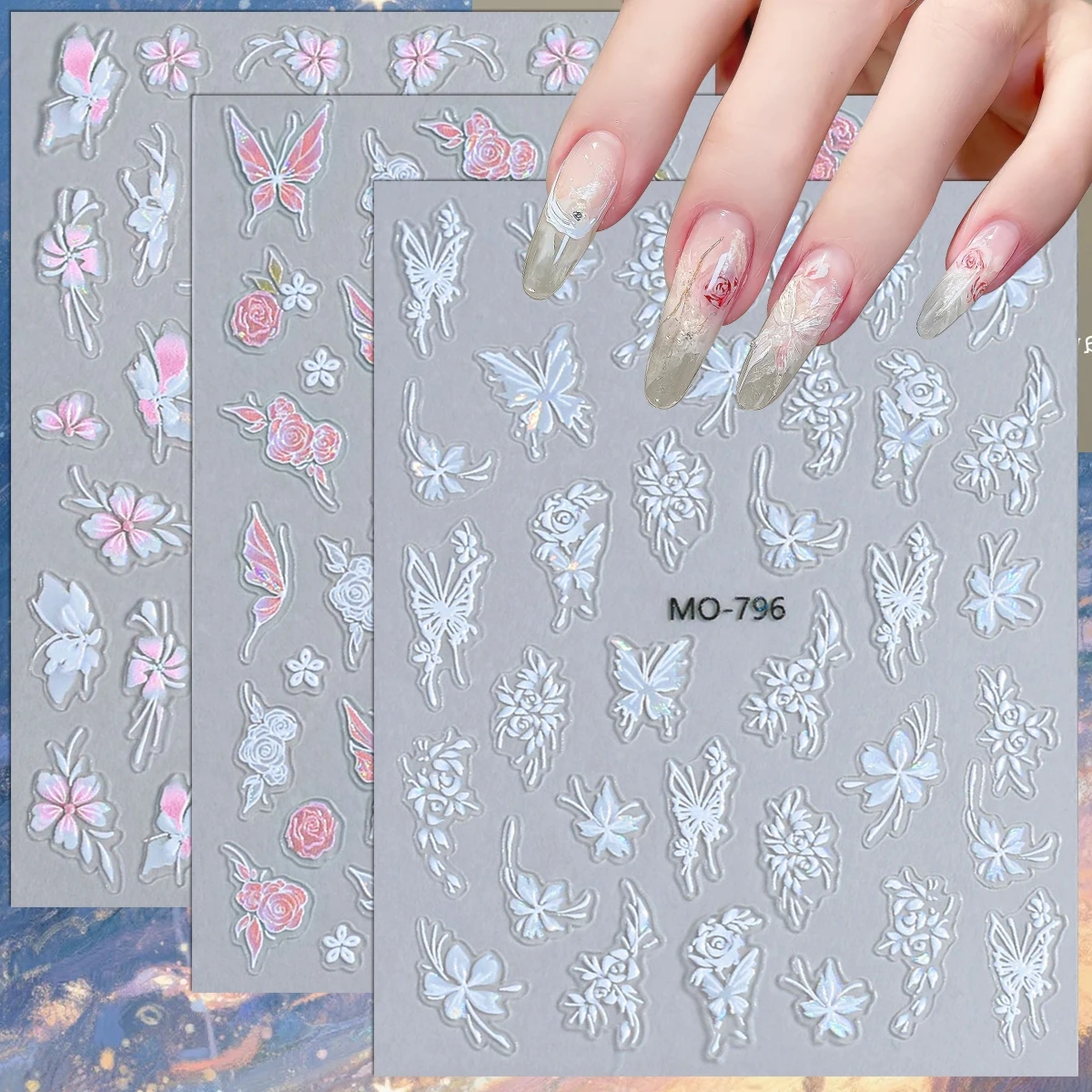 3 to 12 Sheets 5D Embossed Butterfly Flower Nail Stickers Wh