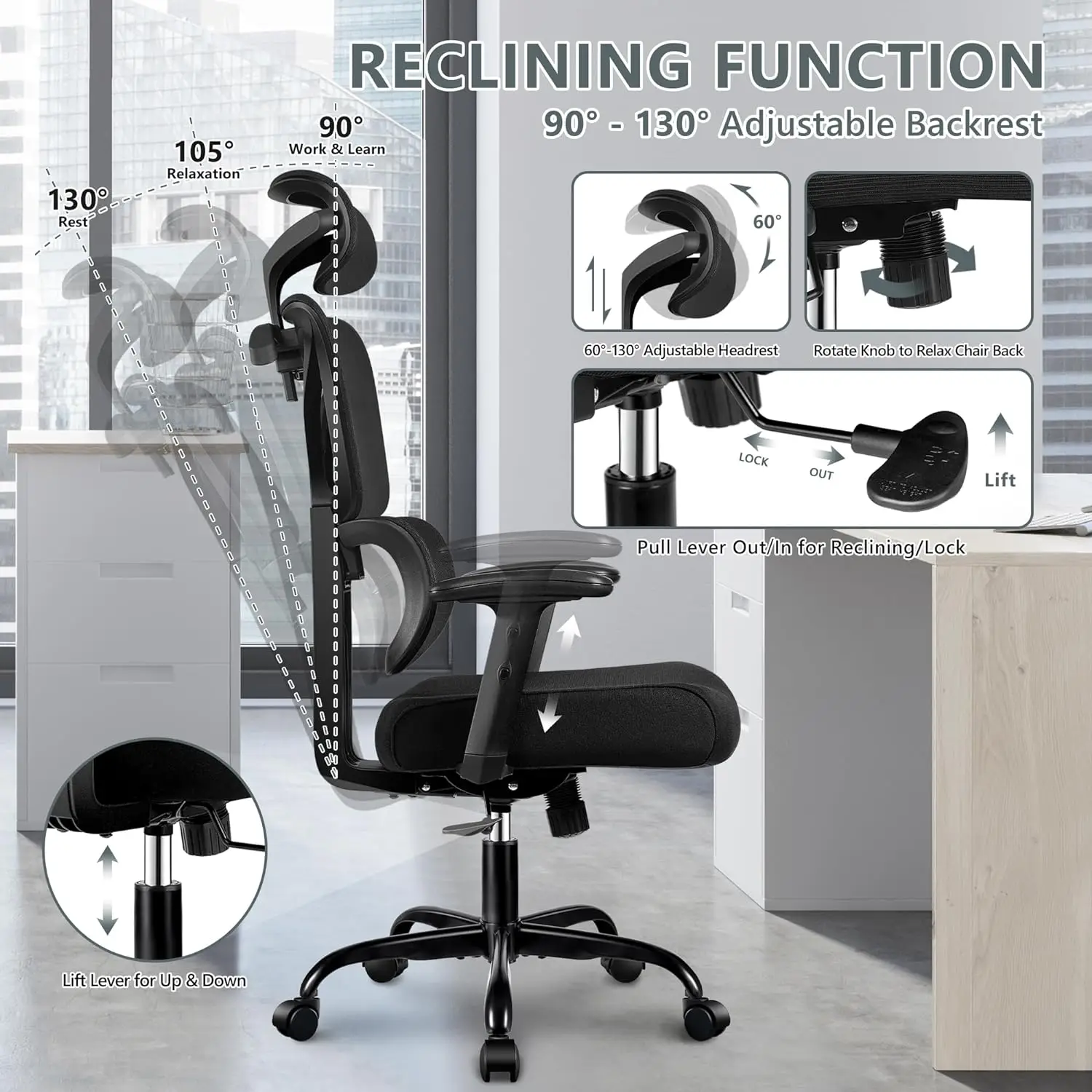 Winrise-Chaise de Bureau Ergonomique à Dossier Haut, Grand et Grand, Inclinable, Confortable, avec Support Lombaire