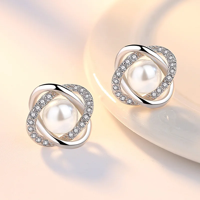 Real 925 Sterling Silver Crystal Jewelry New Cross Circle Pearl Stud Earrings For Women XY0200