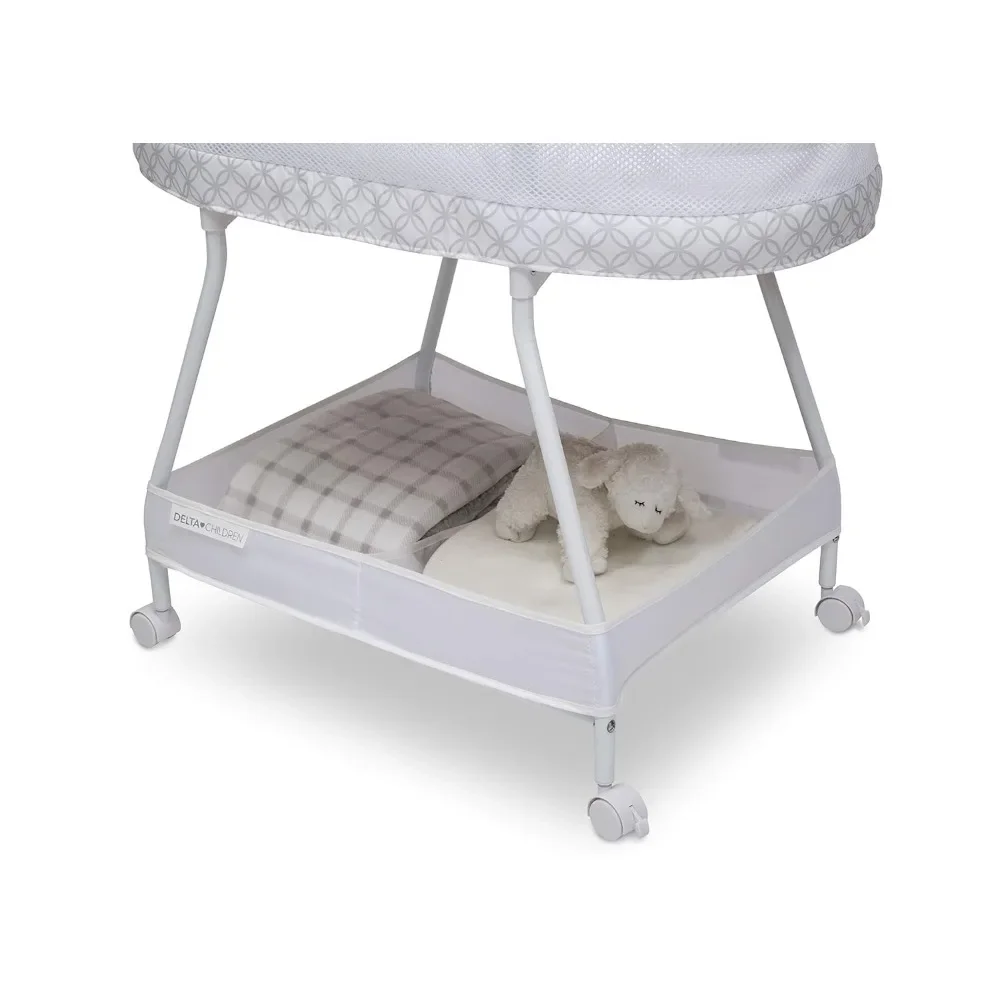 Bassinet mimpi manis dengan aliran udara jaring boks bayi portabel samping tempat tidur dengan lampu getaran dan musik, abu-abu tak terbatas