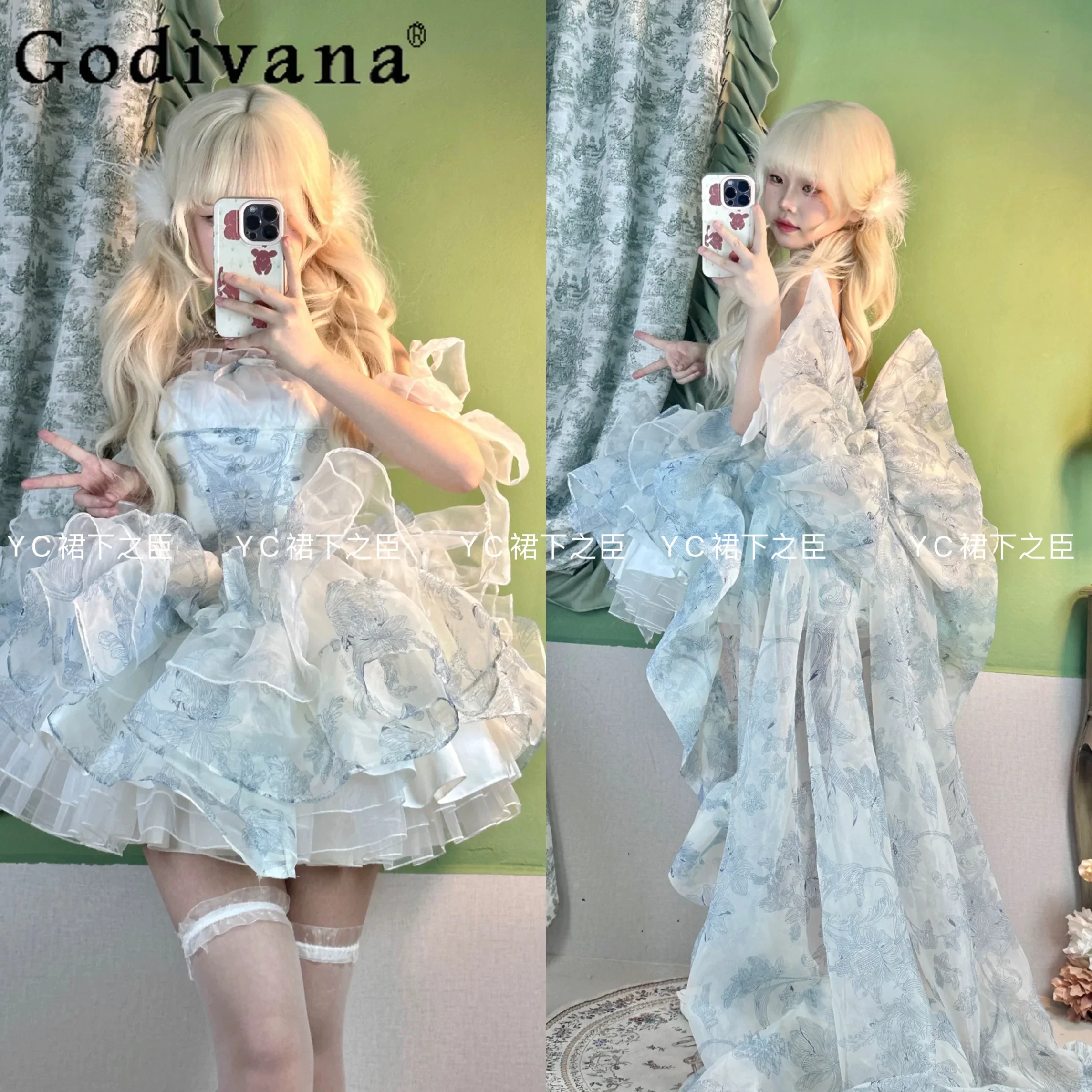 

French Gentle Lolita Strapless Dress Women's Big Bow Trailing Printing Slim Fit Princess Dress Ladies Short Fairy Dress Summer