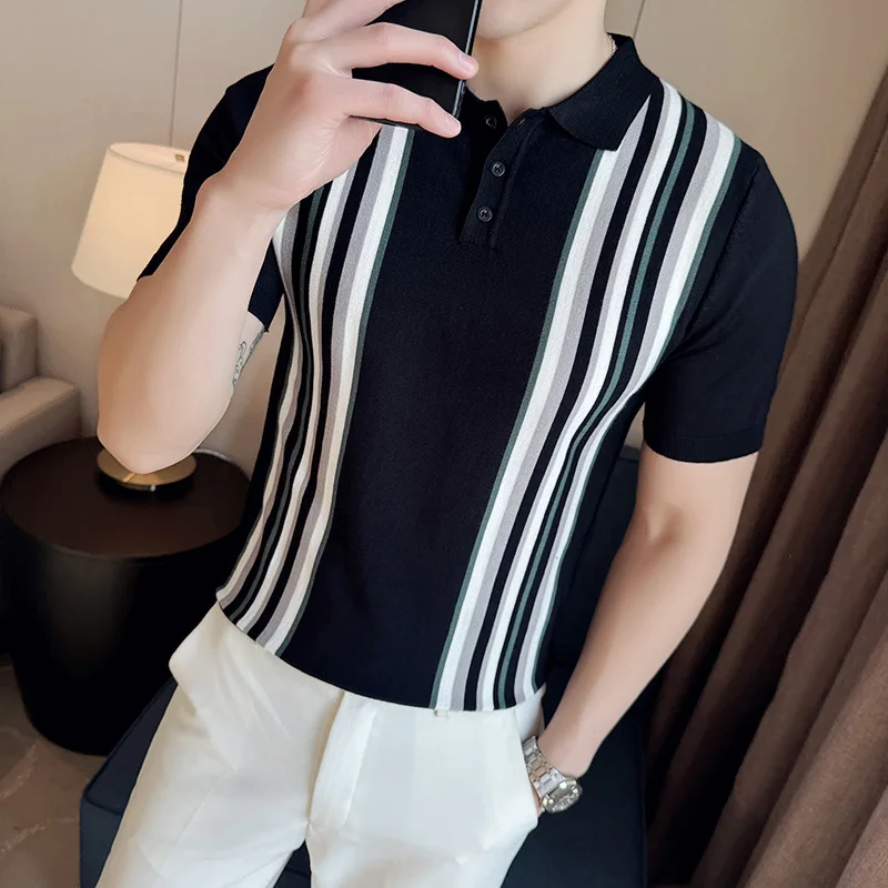 

Spring/Summer Men's Knitwear Short Sleeve Casual POLO Shirts Slim Lapel Striped Knitted Polo Shirt Business Social Tee Tops 2024