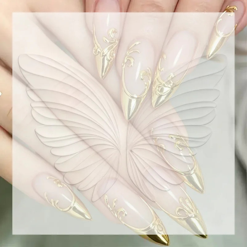 Non-Toxic Fake Nails 24Pcs Medium Long Square Nude Golden Gilding Flora Pattern Skin Friendly Nails for Sensitive Skin
