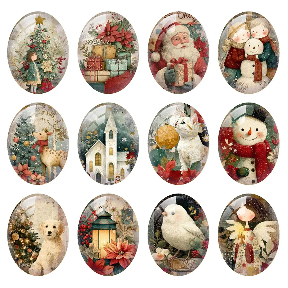 Random Mixed Round/Oval/Square Christmas Winter Tree Snowman Cat Photo Glass Cabochon Flatback Demo Cameo For Diy Jewelry Making