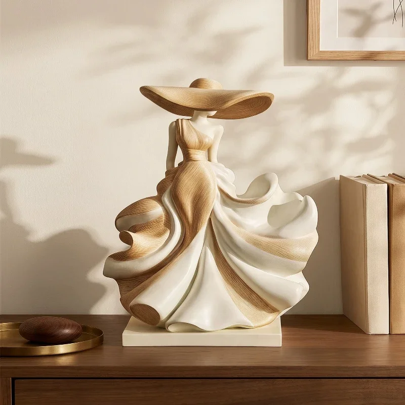 Beige and Wood-grain Resin Ladies' Figurine Decorative Item Wide-brimmed Hat and Flowing Dress Female DesignModernHomeDecoration