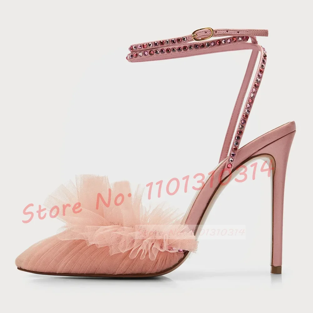 Mesh Ruffles Pointy Heels Sandals Women Elegant Rhinestone Green High Heels Shoes Flowers Summer Party Trends Grade Chic Sandals
