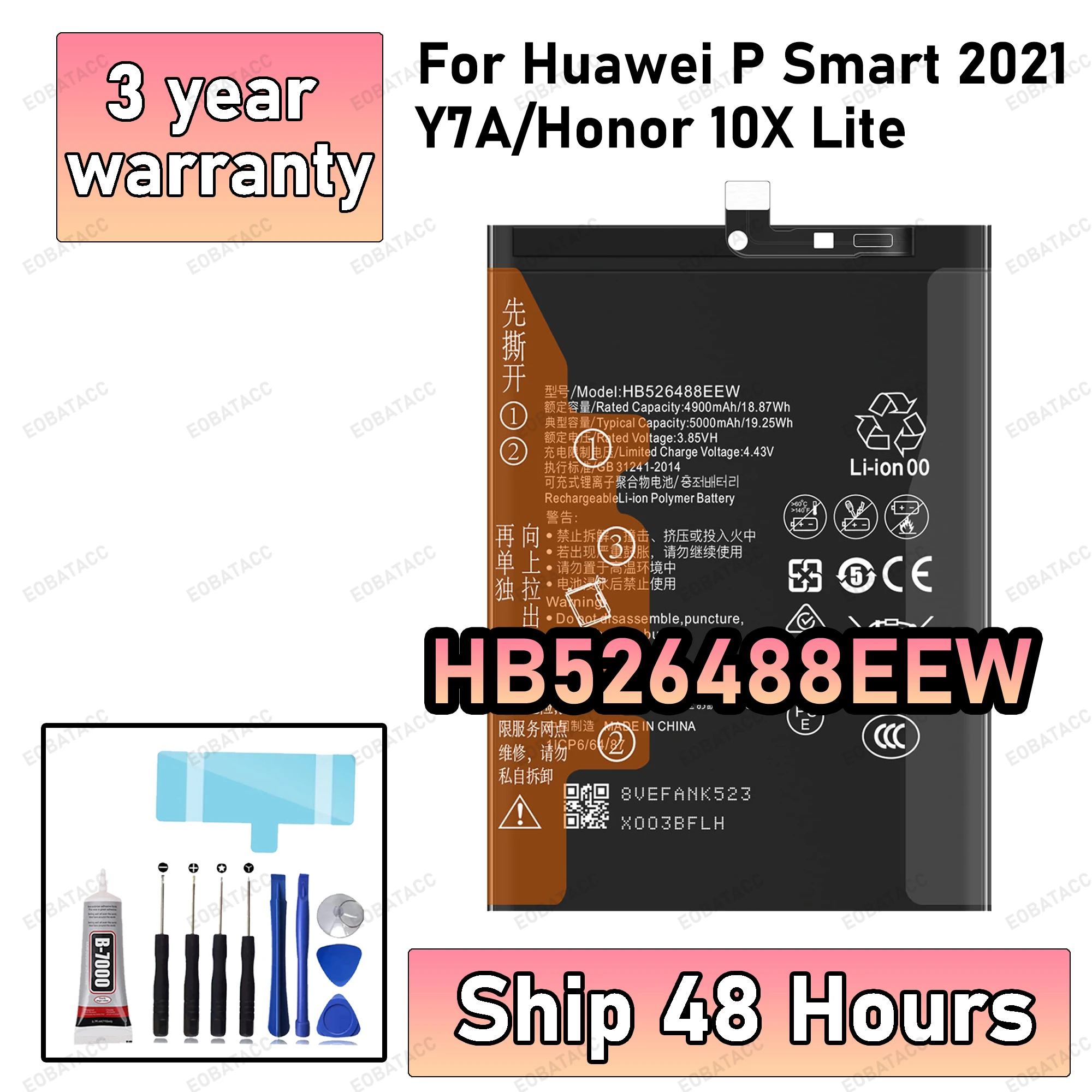 

100% New High Quanlity Replacement HB526488EEW Battery for Huawei P Smart 2021/Y7A/Honor 10X Lite Batteria Battery Batteries + F