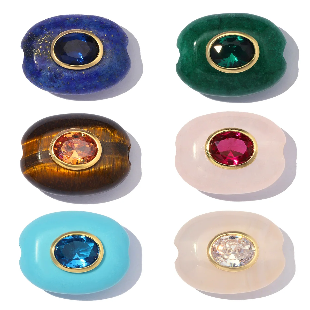 2 Stück/Set Großhandel Kupferpulver Kristall DIY Armband Perle Zirkon Natürlicher Tigerauge-Stein Ovaler Anhänger für Damen Armband Schmuck
