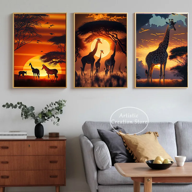 Kenya African Animals Grassland Sunset Scenery Canvas Poster Prints Painting African Art Wall Living Room Bedroom Home Decor