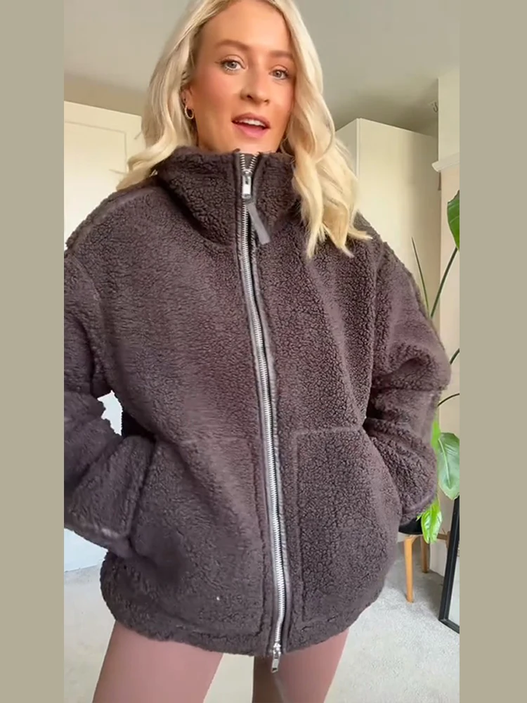 

Warm Women's Stand Collar Zipper Lamb Woolen Coat Loose Long Sleeve Zipper Pockets Jacket 2025 Autumn Winter Lady Commute Coats