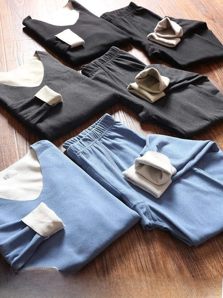 

Warm Fleece Double-Sided Couples Underwear Set Seamless Thermal Wear Home Clothes Long Sleeve V-Neck Youth Men's Color