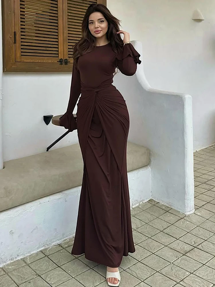 JULISSA MO élégant col rond à lacets femmes robe Maxi marron à manches longues robe drapée automne maigre robe de soirée robes