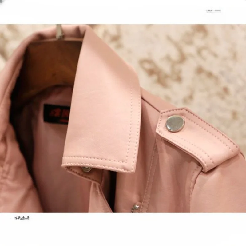 

Spring Autumn New Leather Coat Women Short Slimming Europe and The United States Leather Locomotive Sheep Pink Leather Jacket