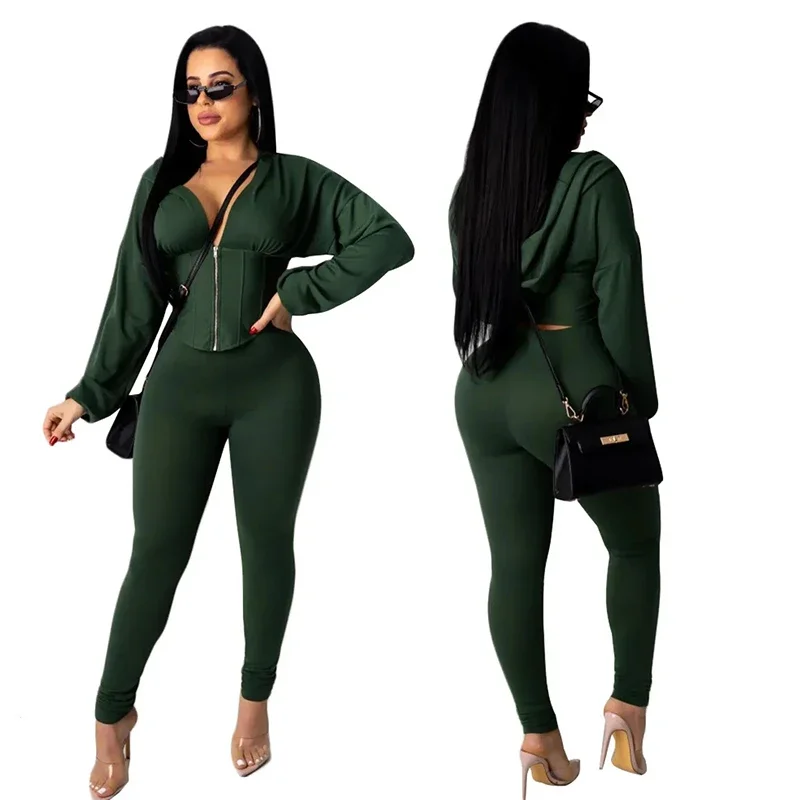 420418004 European and American women's zippered hooded cardigan pants fashion sports set