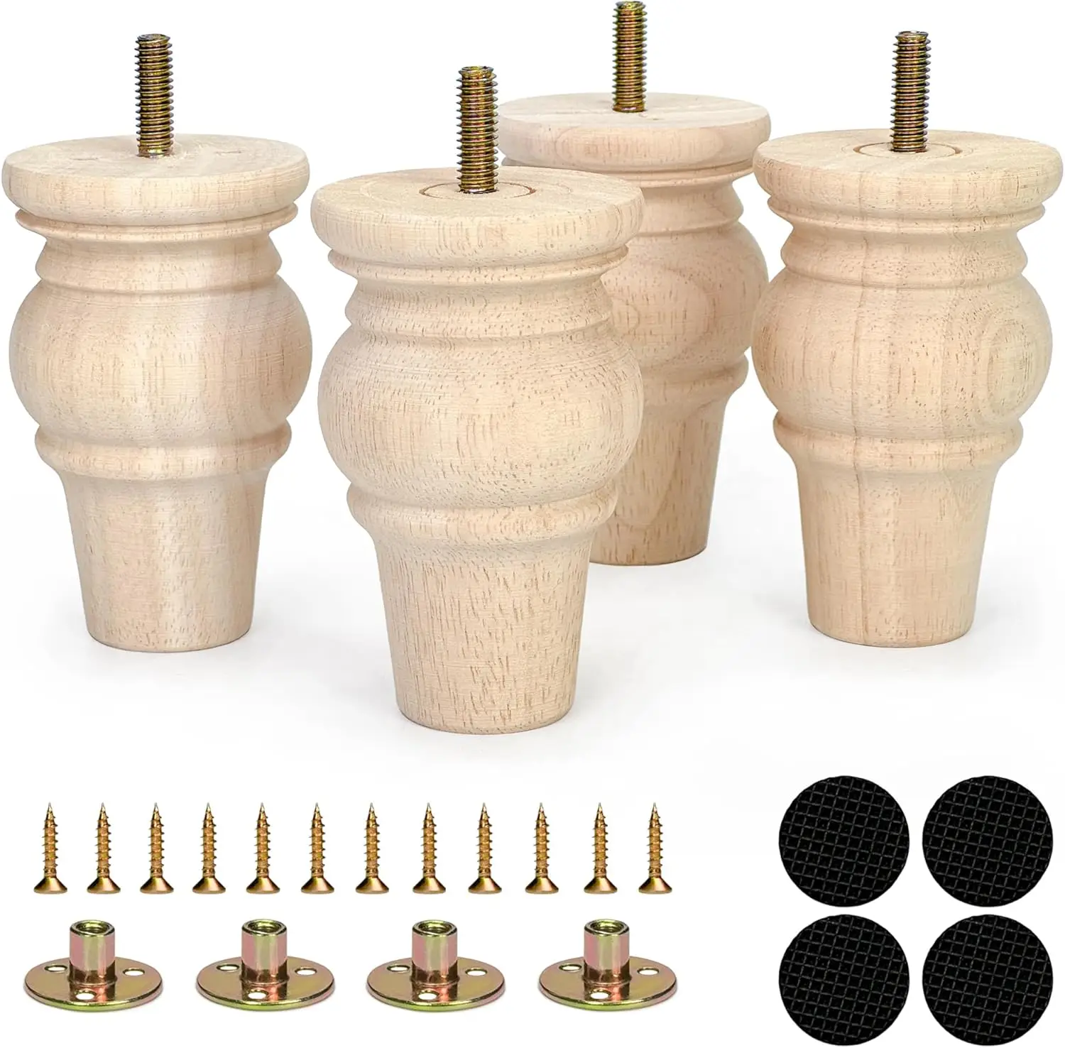 

4 Inch Solid Wood Furniture Legs, 4Pcs Unfinished Round Bun Feet, Replacement Legs for Sofa, Dresser, Cabinet, Table, Bed