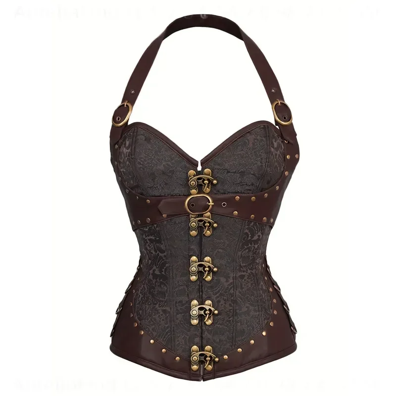Women Gothic Steel Boned Corset Halter Neck Shapewear Faux Decor Waist Cincher Bodice Front Clasp Vintage Cosplay Party Costume For Halloween Themed Outfit