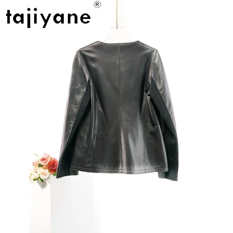 TAJIYANE Black Genuine Leather Jacket Woman Sheepskin Jackets for Woman Clothing Leather Coat Round Neck Outerwear Chic Jaqueta