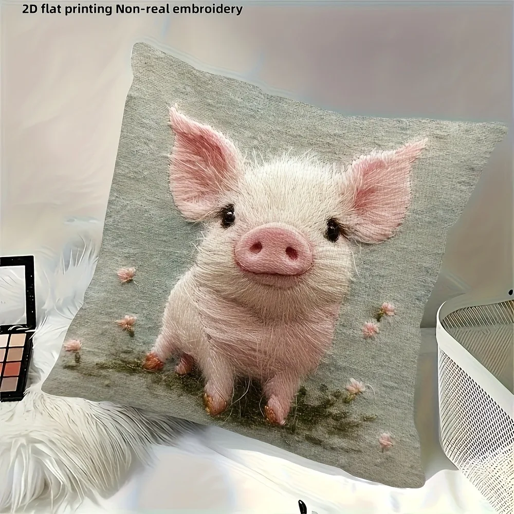 Adorable Pig Faux Embroidery Double-Sided Pillow Cover 2D Flat Print Cozy Cushion Case for Sofa Home Decoration