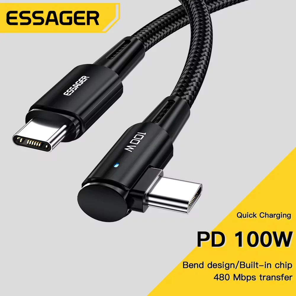 Essager-Cable USB tipo C a USB C de 100W, ángulo de 90 grados para iPad, MacBook Pro, Xiaomi, Samsung, Huawei, carga rápida, Cable de fecha tipo C