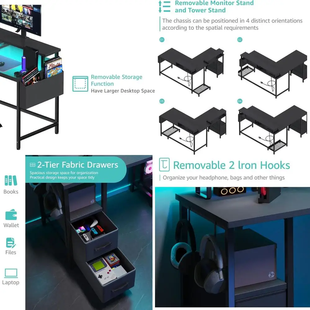 전원 콘센트가 있는 LED 조명 47 L자형 컴퓨터 책상, 모니터 스탠드와 패브릭 서랍이 있는 가정용 코너 사무실 책상, 블랙