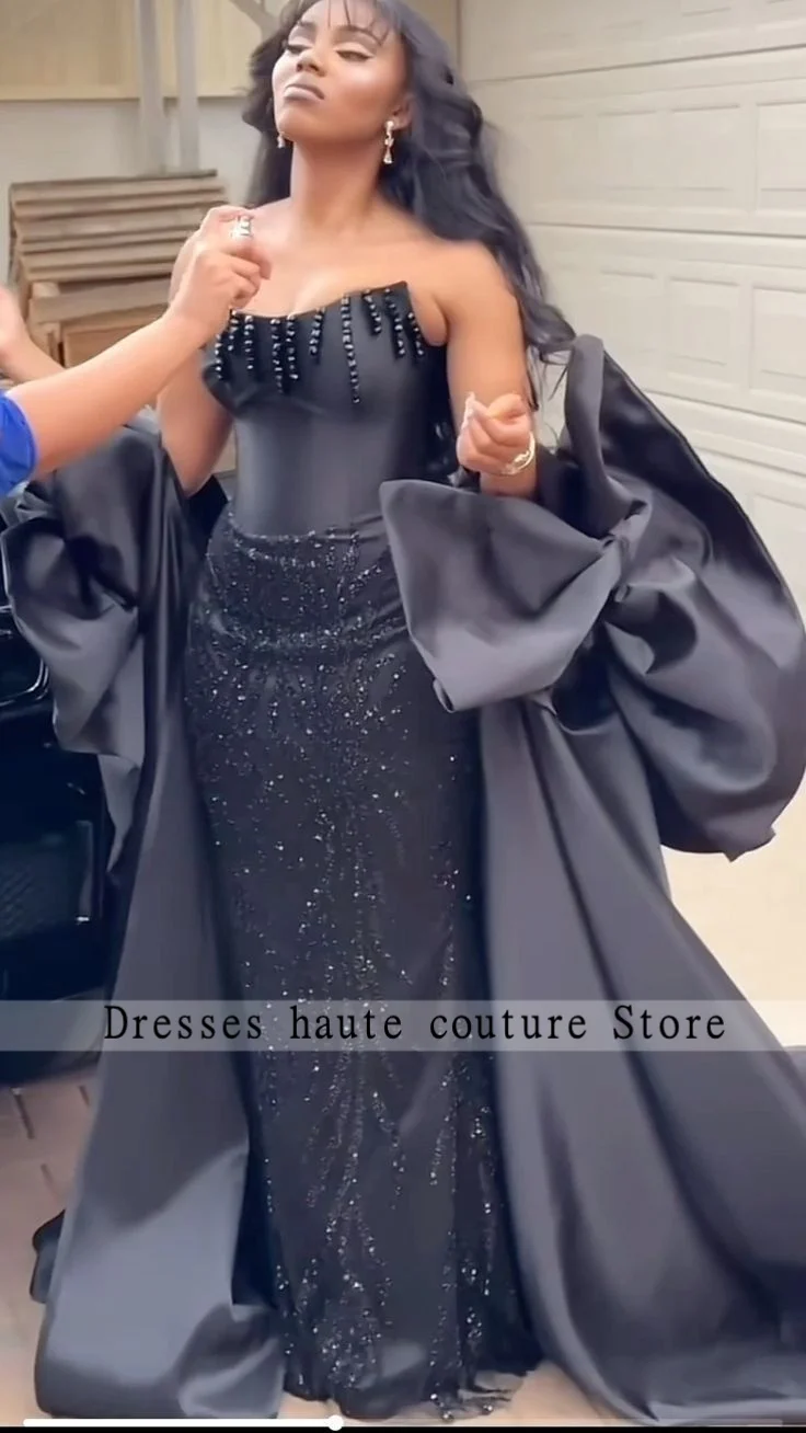 

Black Shiny Satin Elegant Mermaid Prom Dress 2026 Oversized Bow Beading Luxury Evening Gown For Women Formal Wear Customized