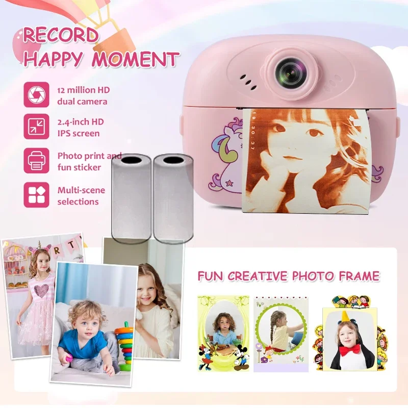 Câmera Digital Instantânea para Crianças com Impressão Térmica de Fotos e Etiquetas, Presente de Aniversário para Meninas e Meninos com 2 Rolos de Papel para Impressora