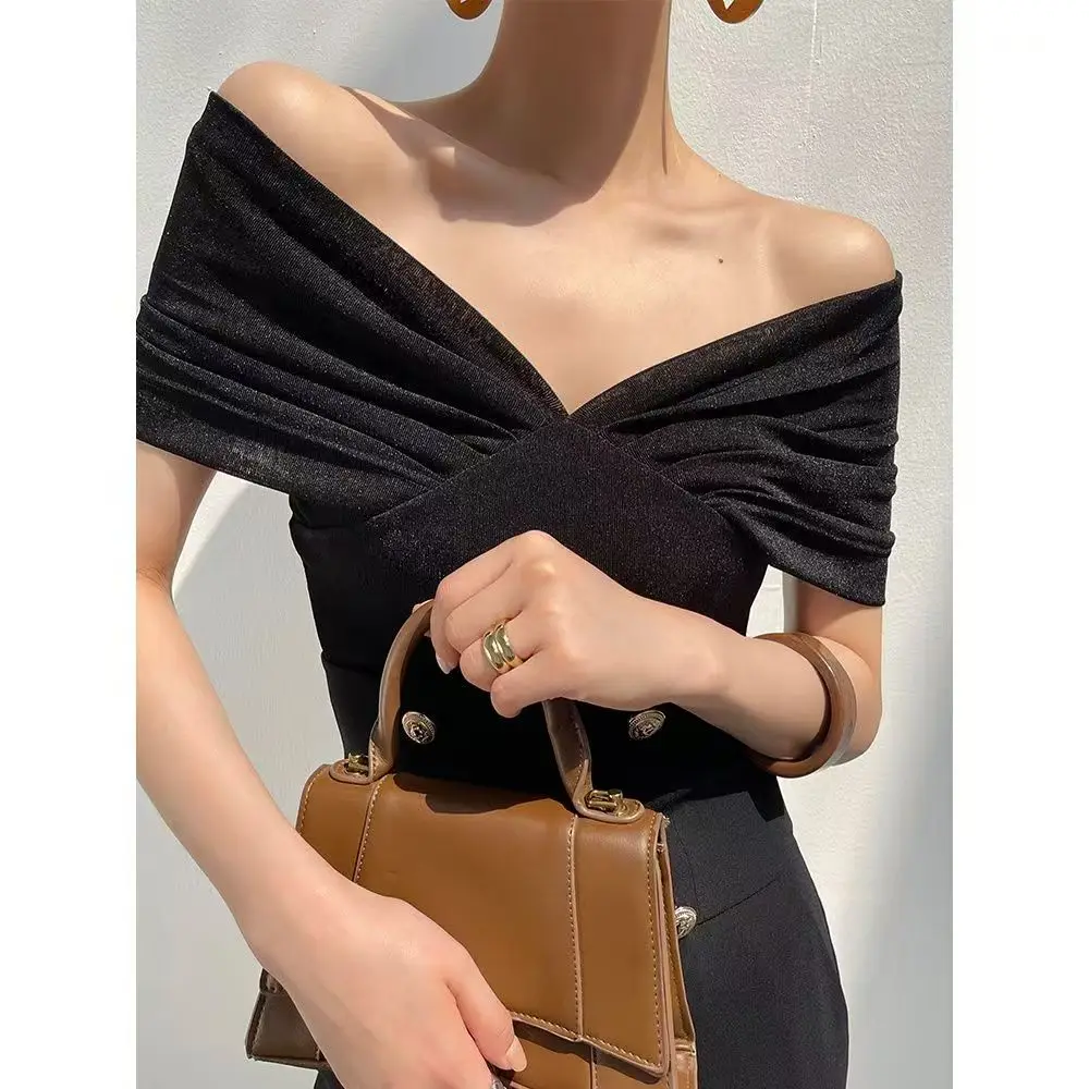 2025 Slash Neck Solid Color Short Sleeve Ruched Sexy Slim Crop Top Summer Women Elegant Y2k Outfits Birthday Party Festival New