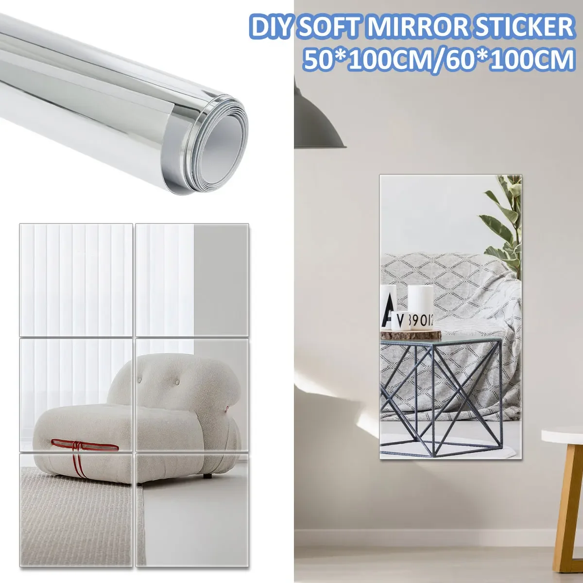 Self Adhesive Mirror Stickers 60x100cm /50x100cm Mirror Full Body Set Wall Sticker Acrylic  Mirror Tile Decals For Wall Bathroom