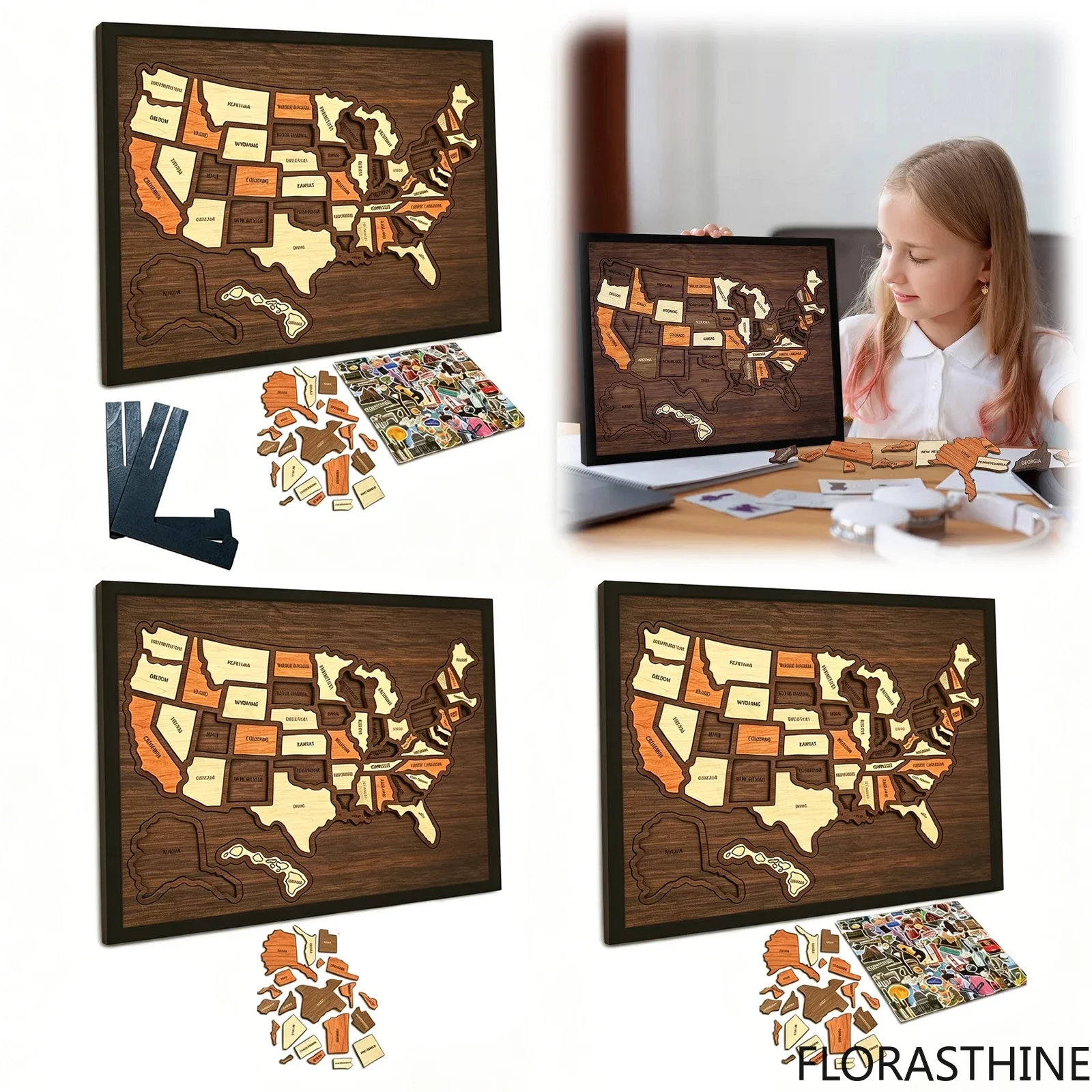 USA Travel Map Multi-Purpose Interactive Geography Learning Toy Portable Puzzle Wooden for Couples and Families Gift