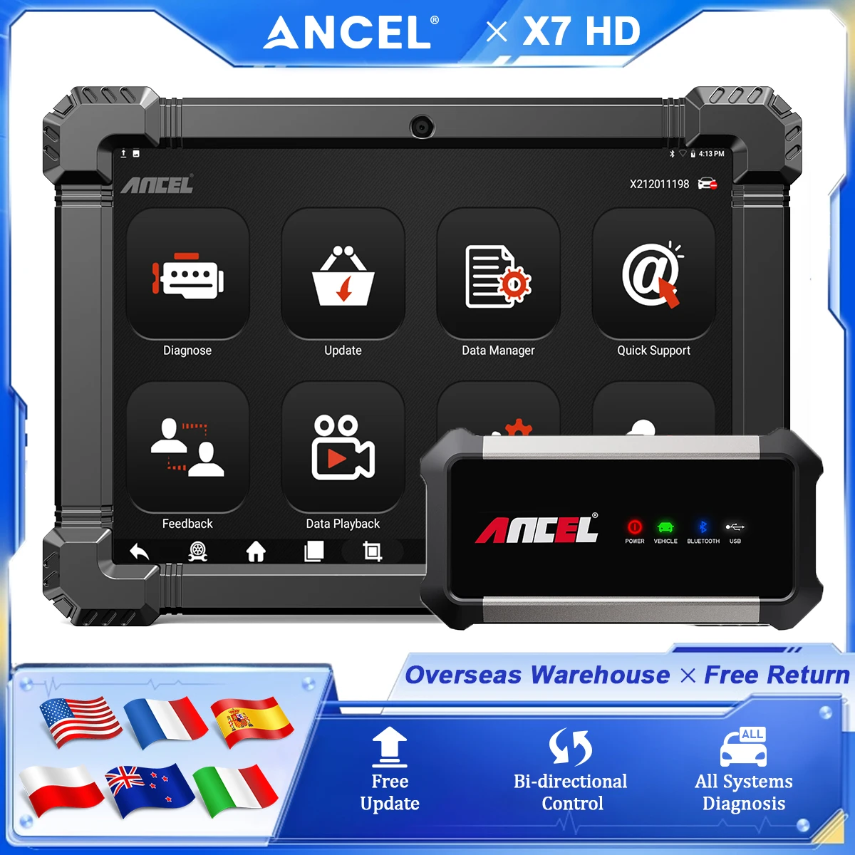 

ANCEL X7 HD OBD2 Сверхмощный сканер грузовиков Диагностический инструмент Все системы DPF Регенное кодирование ЭБУ 40+ Сброс Двунаправленный дизельный сканер