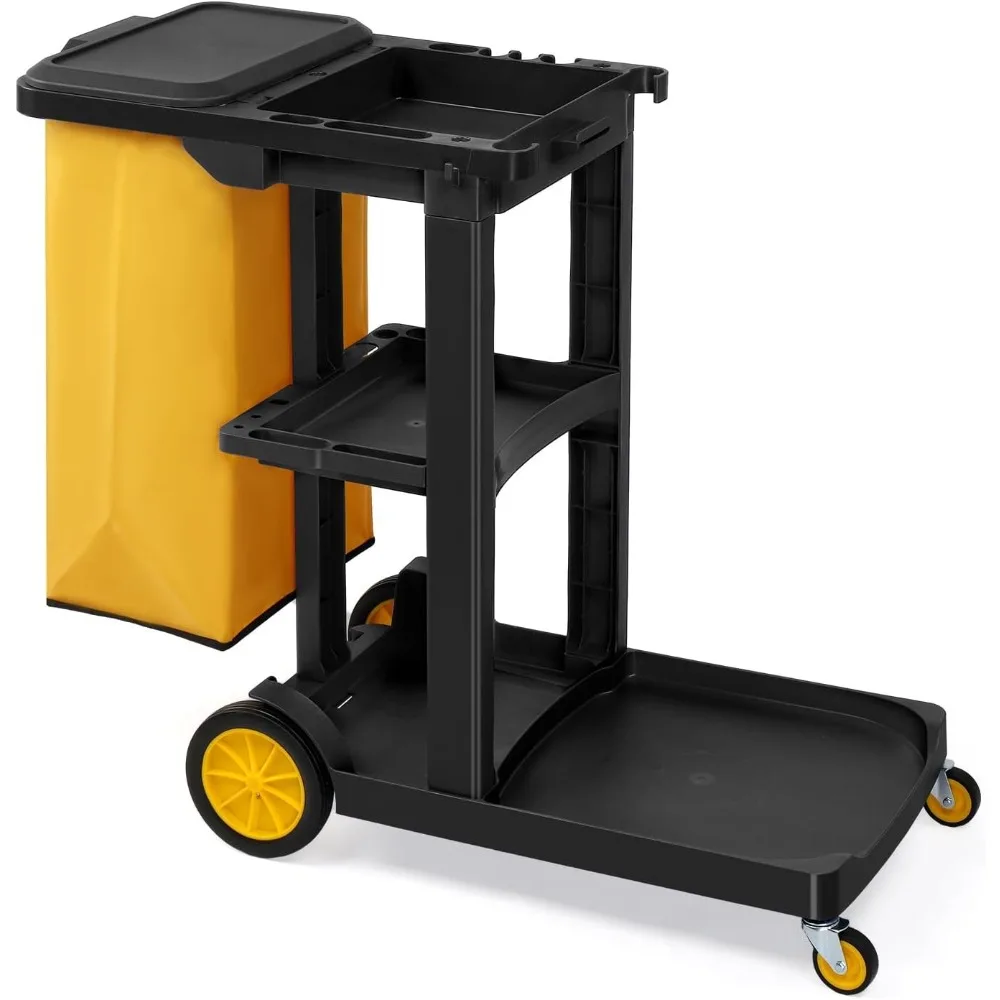3-Shelf Janitorial Cart with Large 15-Gallon Vinyl Bag Housekeeping Cart Black