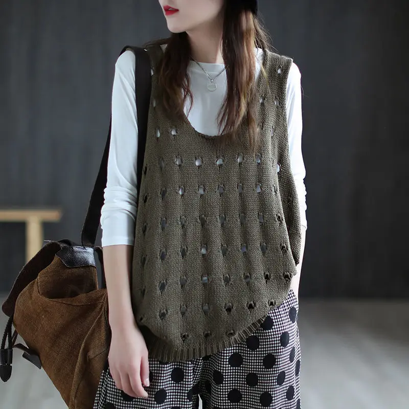 Women Clothing Autumn Vintage Simple Casual Hollow Y2K Sweater Vest Female Solid Sleeveless Loose All Match Knitted Waistcoat