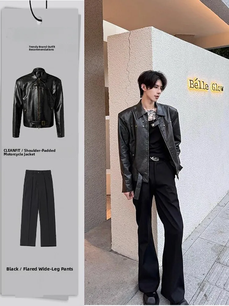 

Cleanfit American Retro Leather Jaet Men's Faion Set oulder Motorcycle Jaet Flared Pants Two-Piece Set Cool Haome
