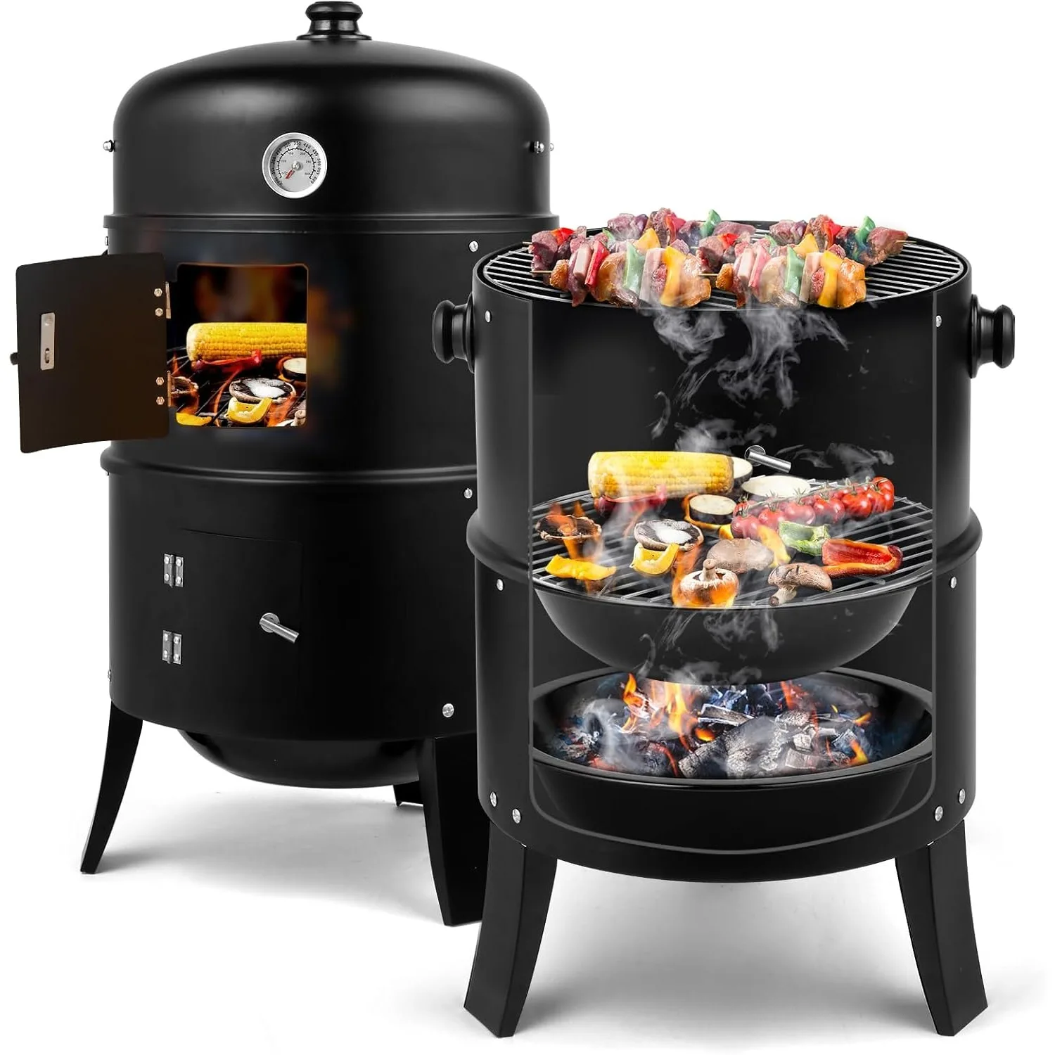 Vertikaler 17-Zoll-Holzkohlegrillraucher, tragbarer 3-in-1-Grillkocher für den Außenbereich mit integriertem Thermometer für den Hinterhof im Freien