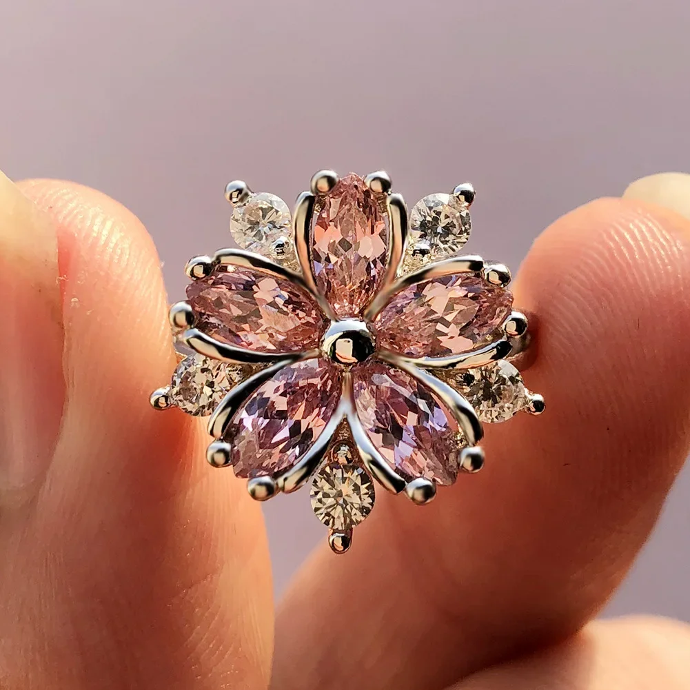 Cute Female Pink Crystal Stone Ring Charm upscale Thin Wedding Rings For Women Dainty Bride Flower Zircon Engagement Ring