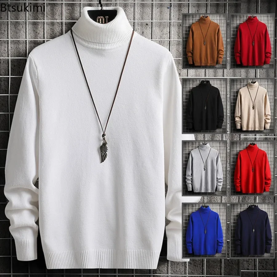 2024 Turtleneck Sweaters Men\'s Solid Pullovers Knitted Sweater High Collar Knitwear Pullovers Autumn Winter Warm Sweater for Men