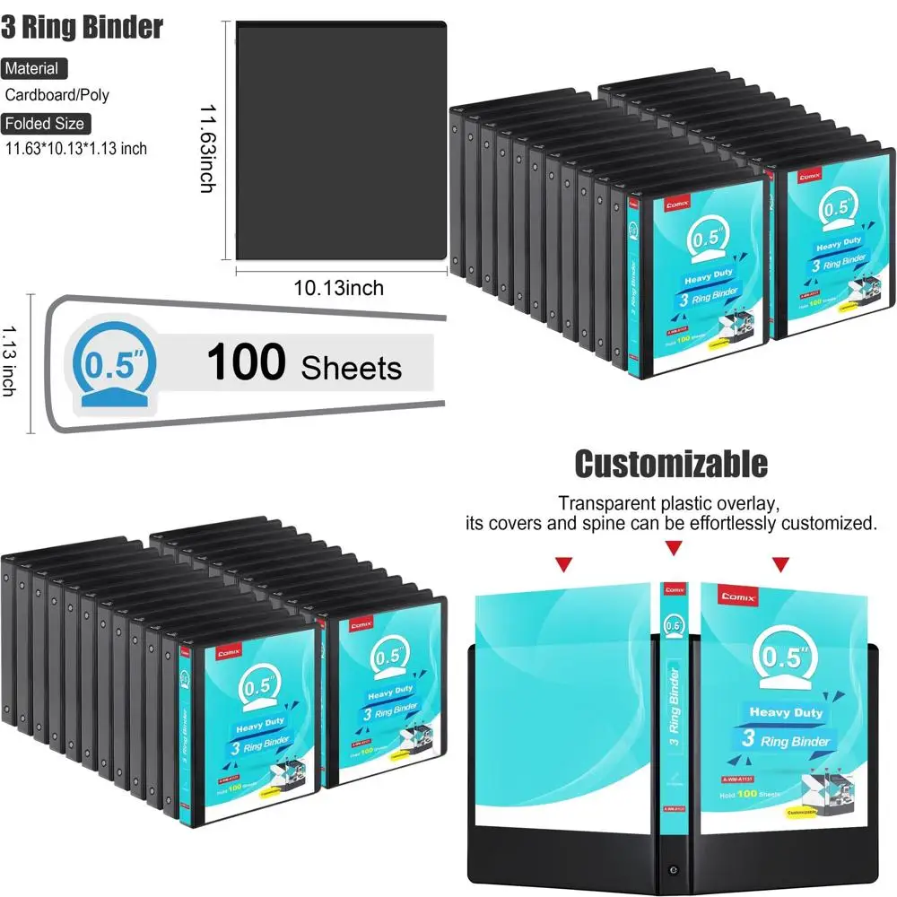 

24-Pack Heavy Duty Clear 3-Ring Binders, Holds 100 8.5x11 Sheets, PVC-Free, 2 Pockets, Black