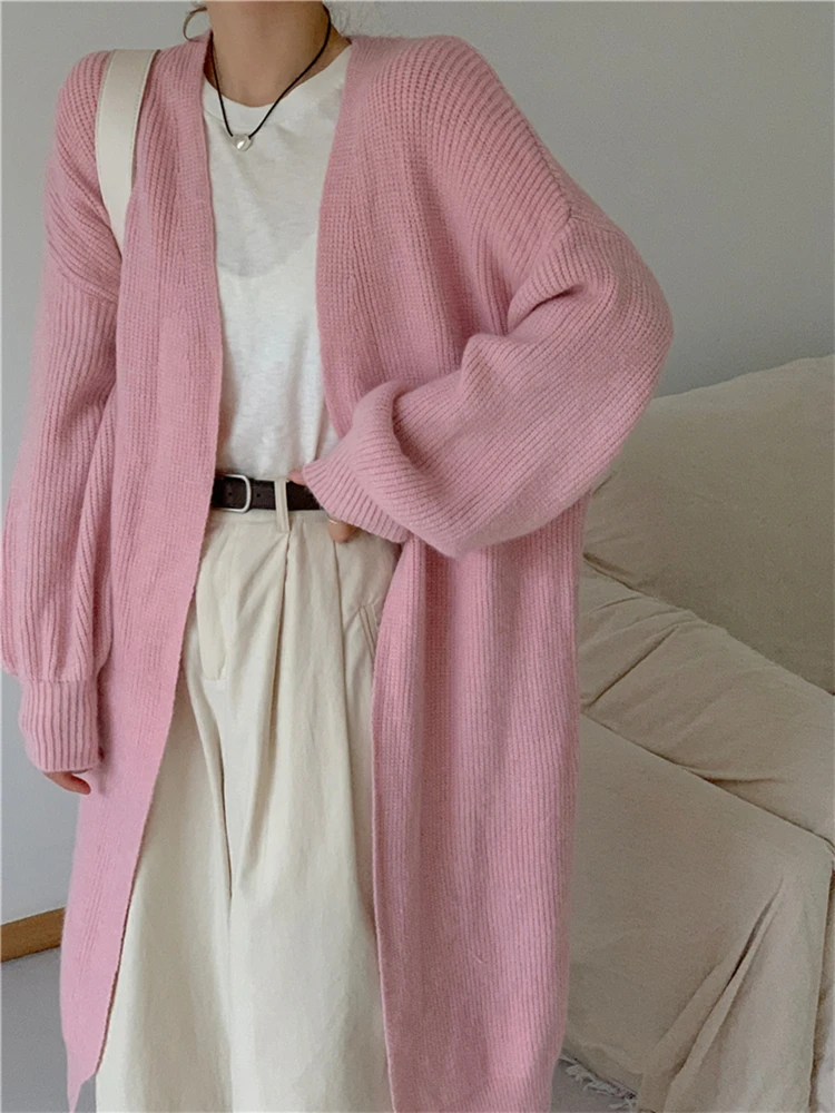 Colorfaith SWC9018JX New 2023 Vintage Korean Oversized Knitting Pink Cardigans Women Autumn Winter Elegant Sweaters Long Tops