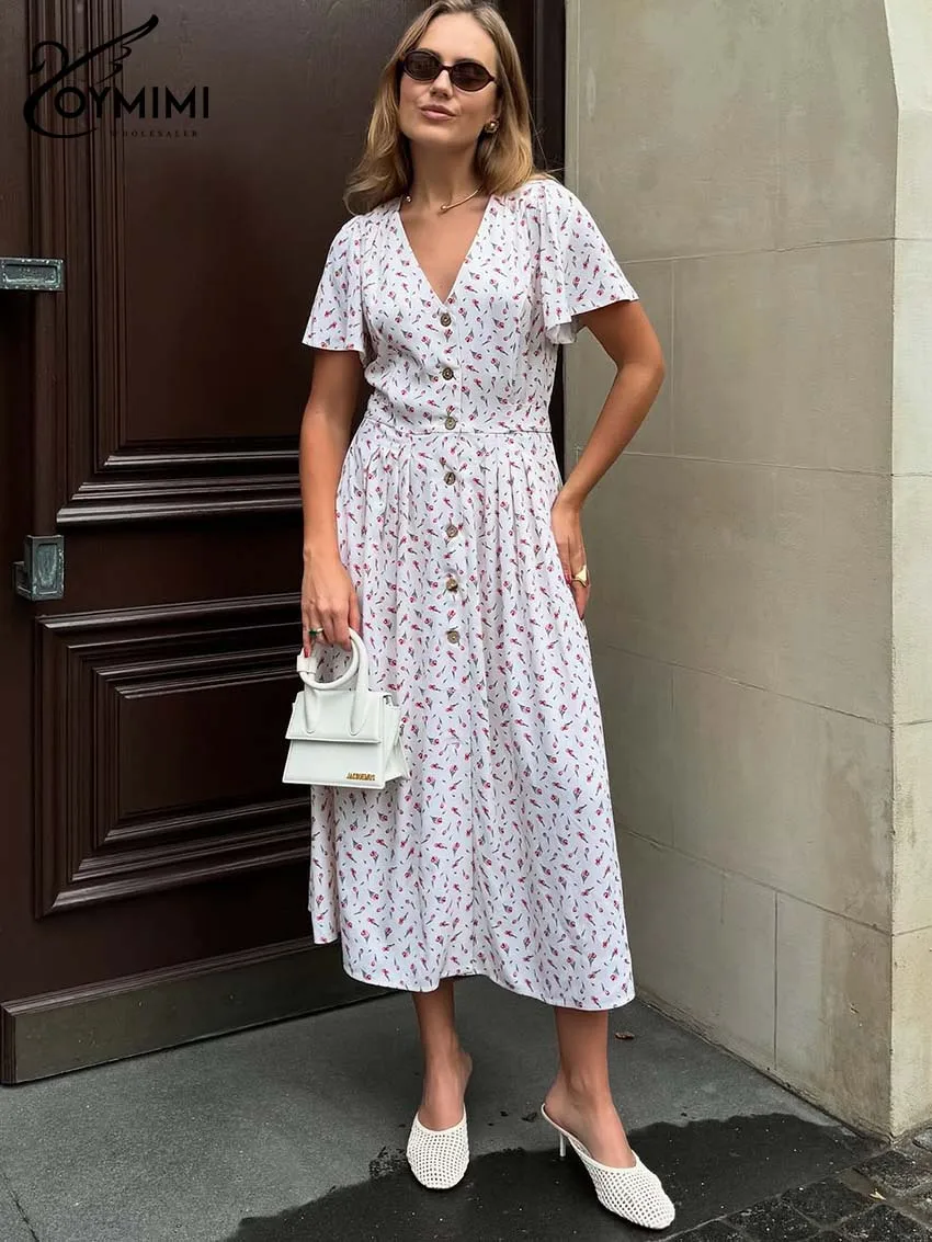 

Oymimi Casual Pink Print Women's Dress Fashion V-Neck Short Sleeve Single Breasted Dresses Elegant High Waist Mid-Calf Dresses