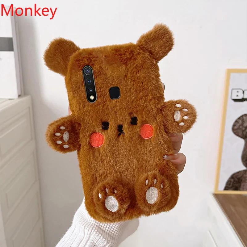 Cute Brown Bear Fur Phone Case For VIVO V25 V23E V21 V20 Y16 Y02S Y77 Y76 Y21 Y31 Y22 Y33S Y35 Y20 Y15A Autumn Winter Case Cover