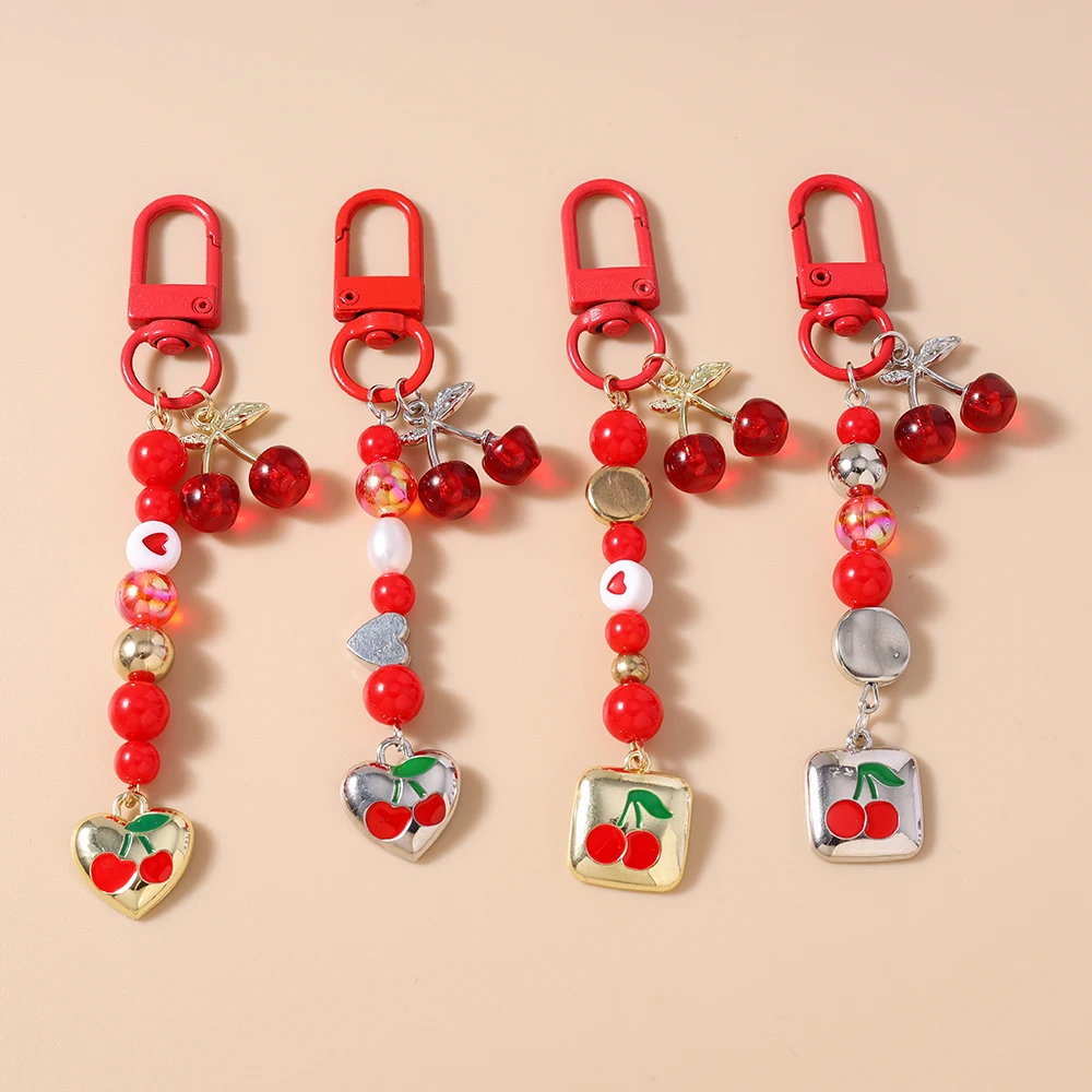 かわいいクリスタルチェリーキーホルダー女性女の子ビーズキーリングペンダントハンドバッグの装飾 DIY キーチェーンジュエリーギフト