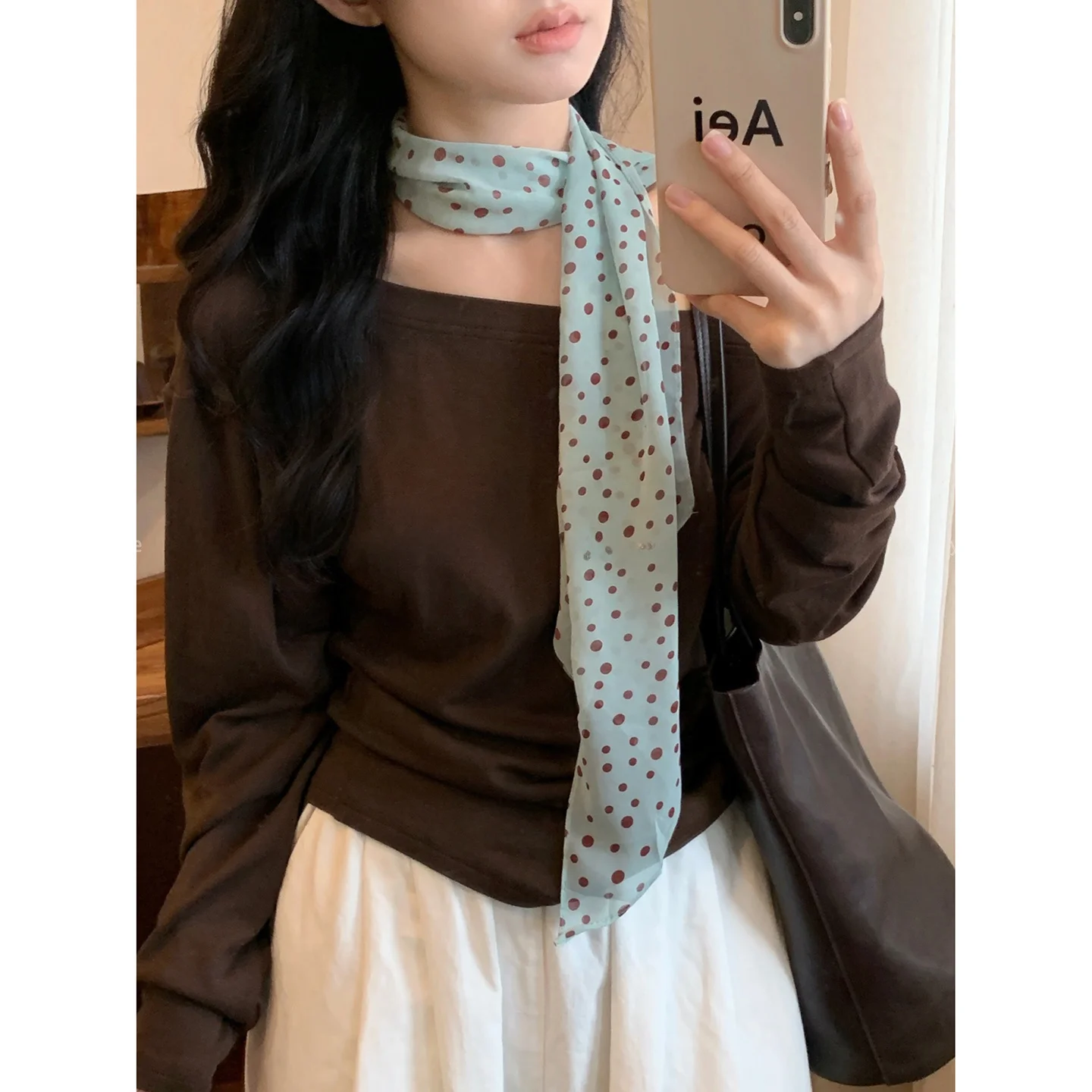 وشاح رقبة فني بنقاط بنية للنساء، طويل ومتعدد الاستخدامات، بأسلوب كوري عصري، إكسسوار موسمي للربيع والخريف