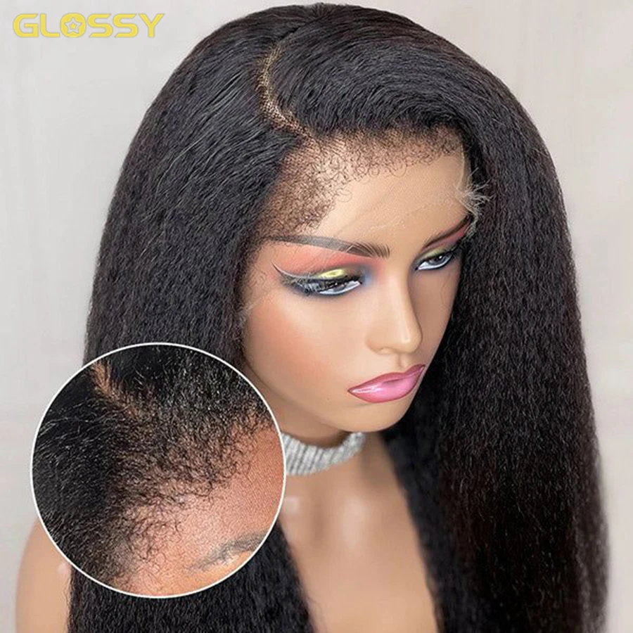 250% 13x4 hd Afro Kinky Straight Human Hair Wig Brazilian Glueless 4c Edges Yaki Straight Lace Front Wigs For Women 30 34 Inch