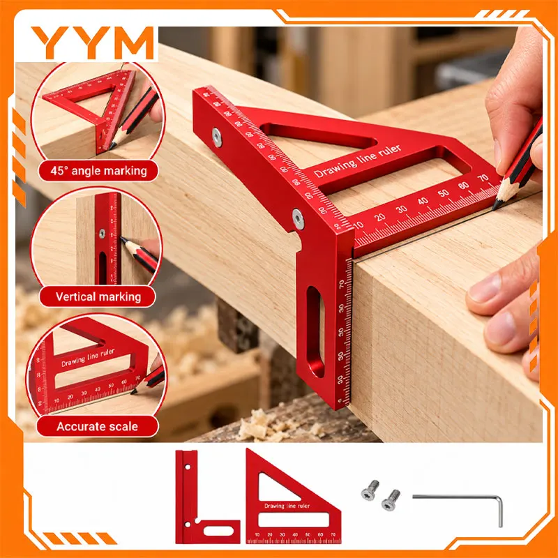 YYM 3D Multi Angle Carpenter Square Woodworking Layout Measuring Ruler 45/90 Degree Protractor Aluminum Alloy Angle Marking Tool