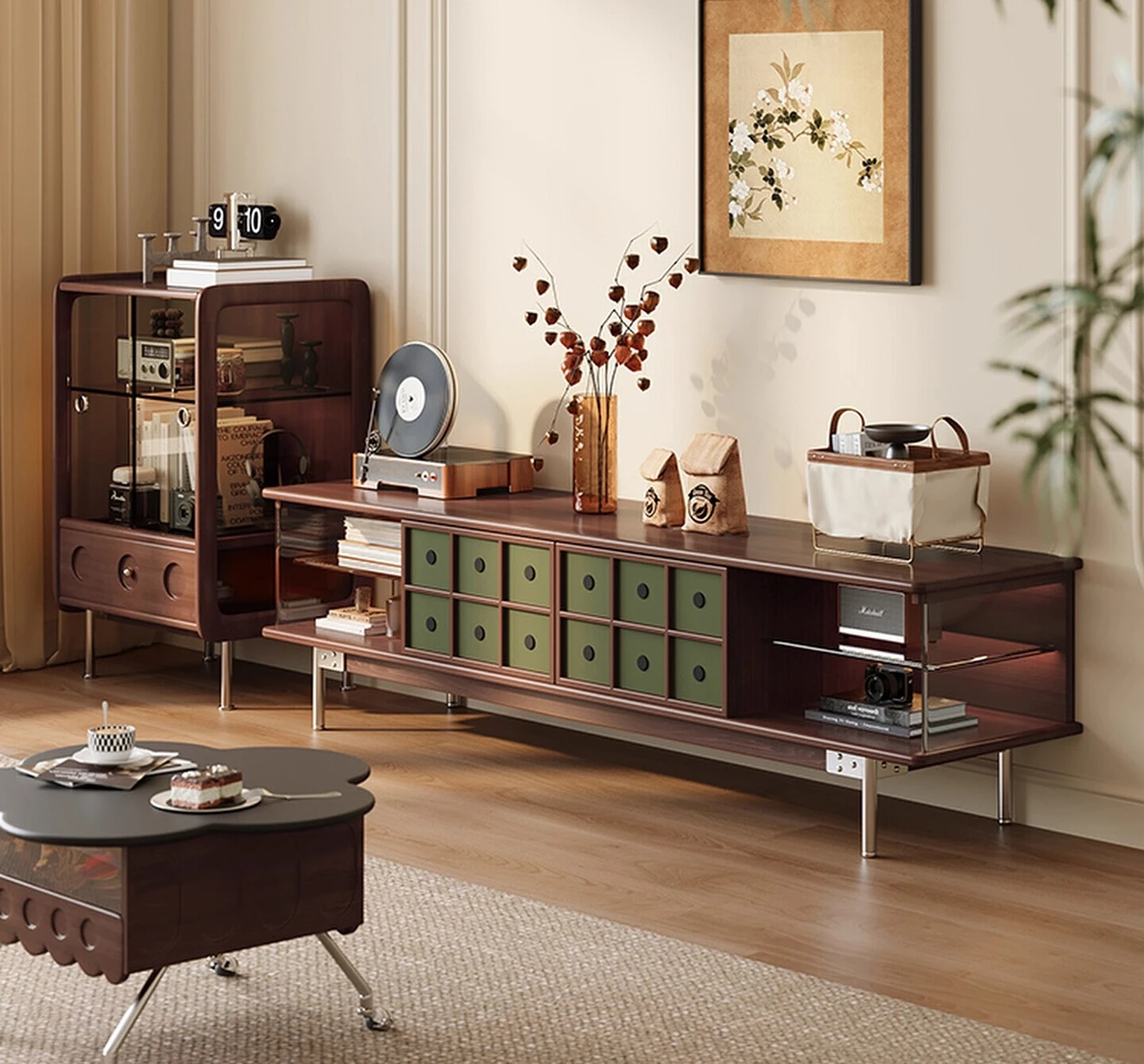 

TV cabinet antique living room solid wood storage floor large capacity advanced sense 2025 new model