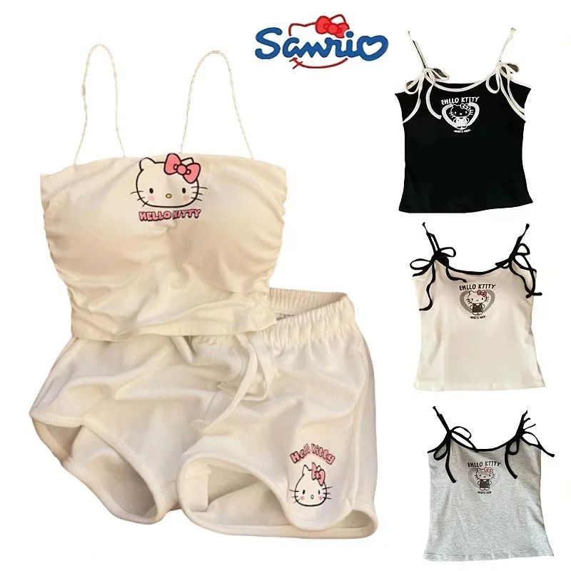 Sanrio Hello Kitty Pajama Set with Chest Pads and Suspenders Cool New Slim Fit Shorts Loungewear Bedroom Family Holiday Gifts