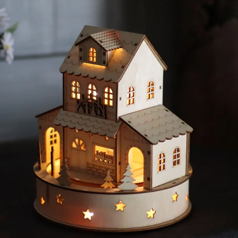 Nordic Retro Wooden Christmas Houses Ornaments Can Emit Light Rotate Crafts Scene Layout Decorative Decoration