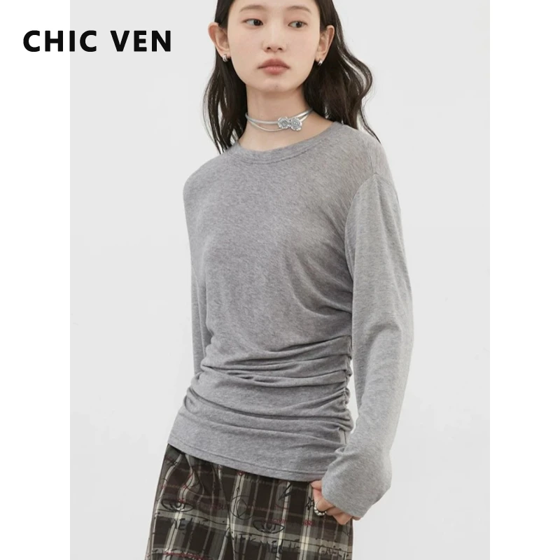 

Женские футболки CHIC VEN: Корейский повседневный стиль, однотонные, с круглым вырезом, плиссированный дизайн, пуловеры, модные женские топы, мягкие, весна-лето, новинка 2026