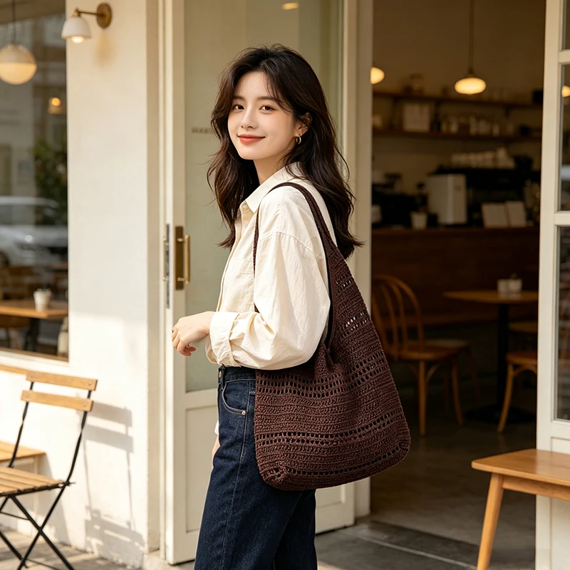 Hohlgestrickte Unterarm-Schultertasche, koreanische Damen-Handtasche, süß, niedlich, schlicht, einfarbig, gewebte Handtasche, lässige Tragetasche für Pendeln und Reisen – Detail 4