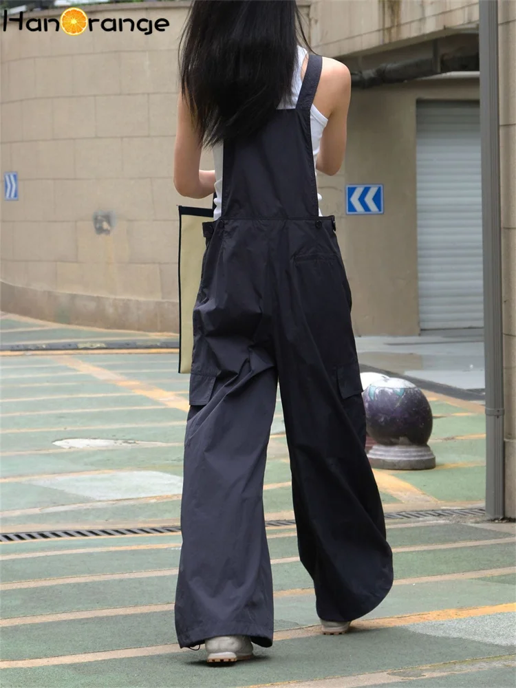 HanOrange 2024 Summer Outdoor Wide Leg Jumpsuits Loose Pockets Lightweight Cool Nylon Cargo Jumpsuits Grey Green/Dark Blue